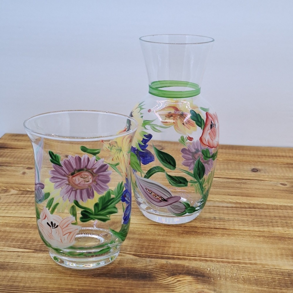 Tumble Up Hand Painted Pitcher Carafe Flowers Butterfly Clear Glass Vintage